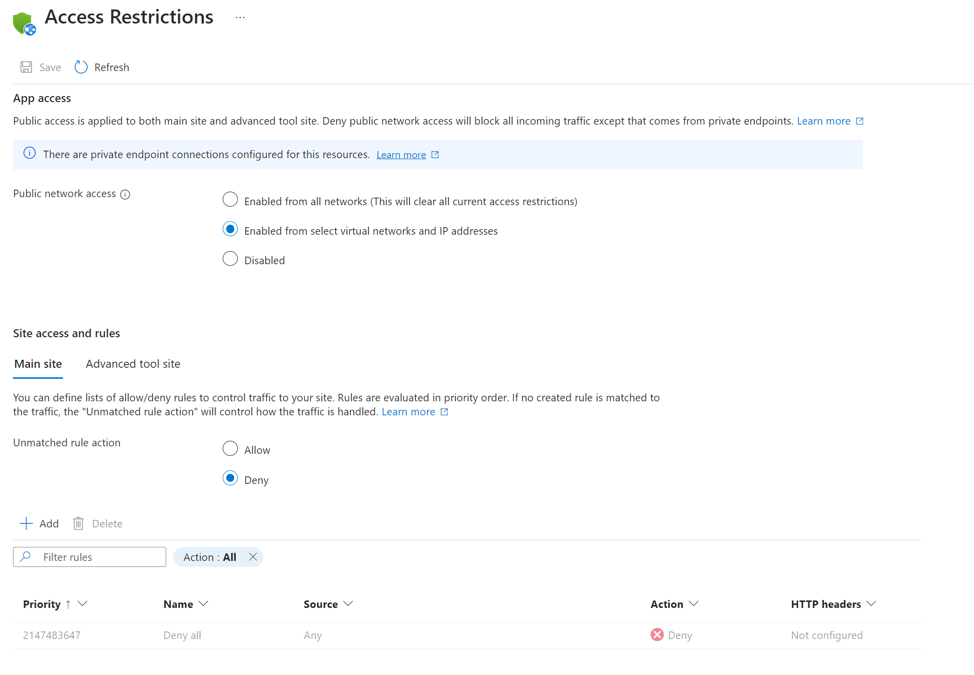 Azure App Services access restrictions tab showing the options