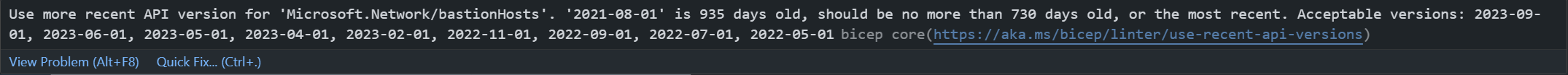 Azure Bicep old API linting message