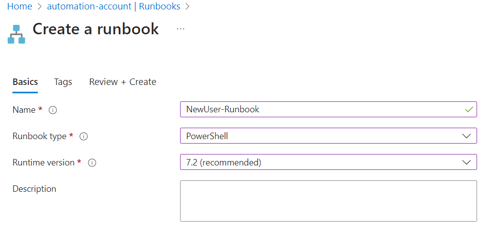 New Azure Automation Runbook