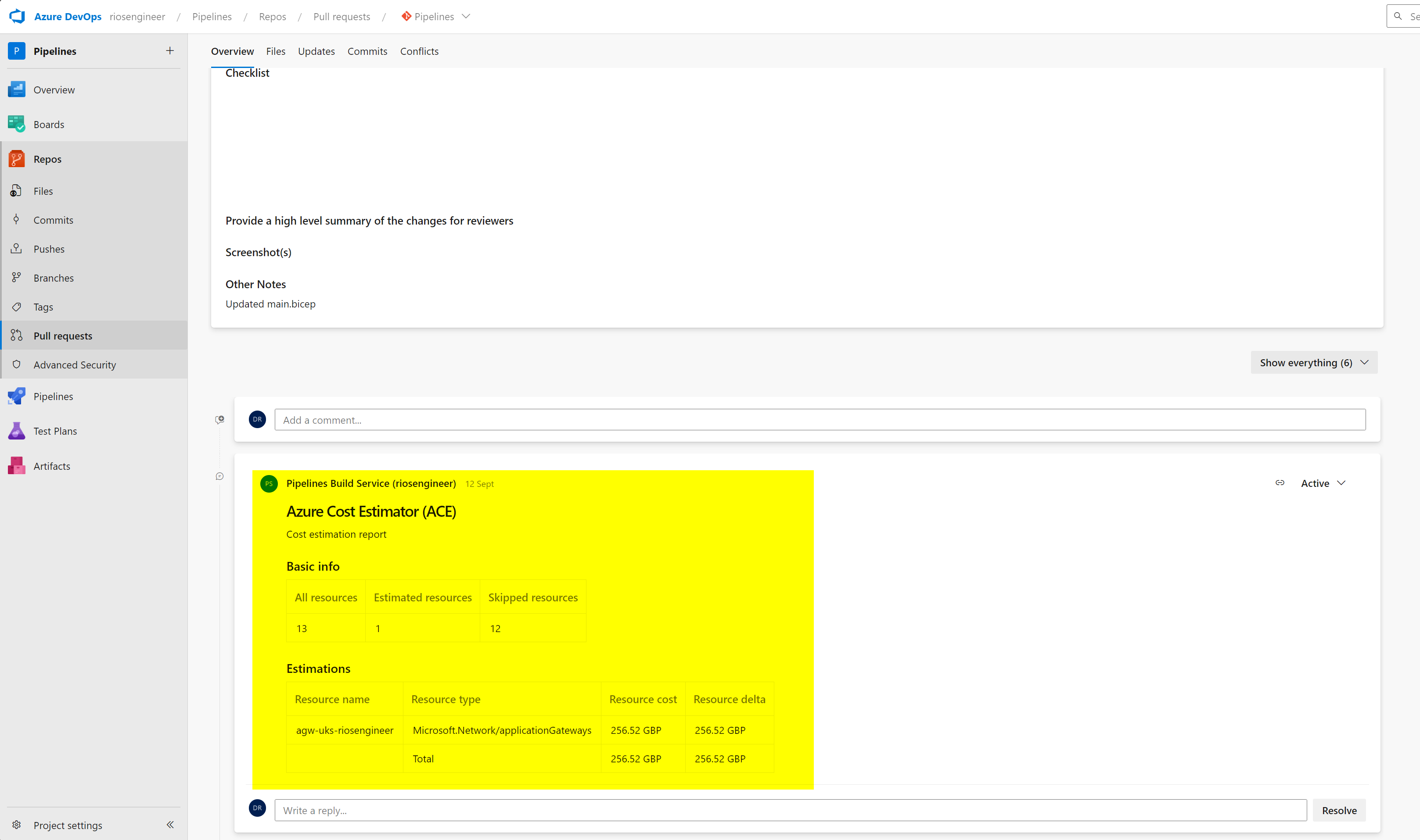 Azure DevOps Pull Request Comment - azure cost estimator