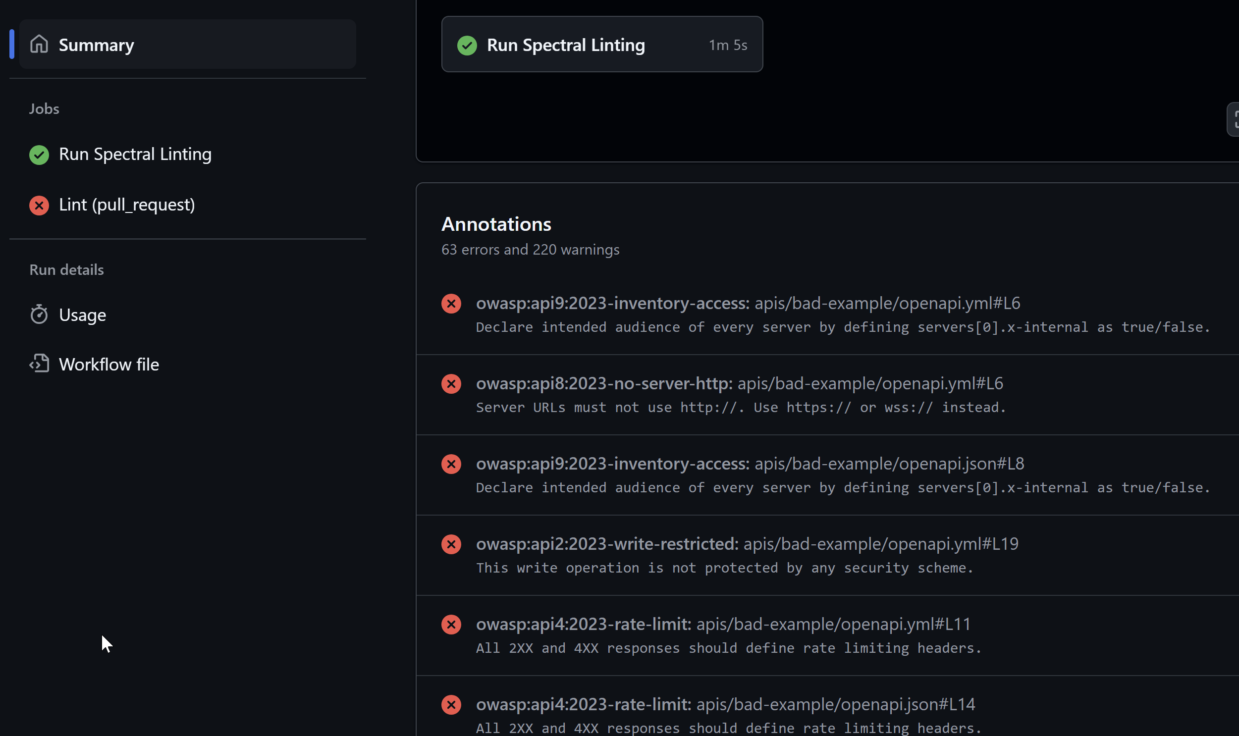 github action annotation for spectral
