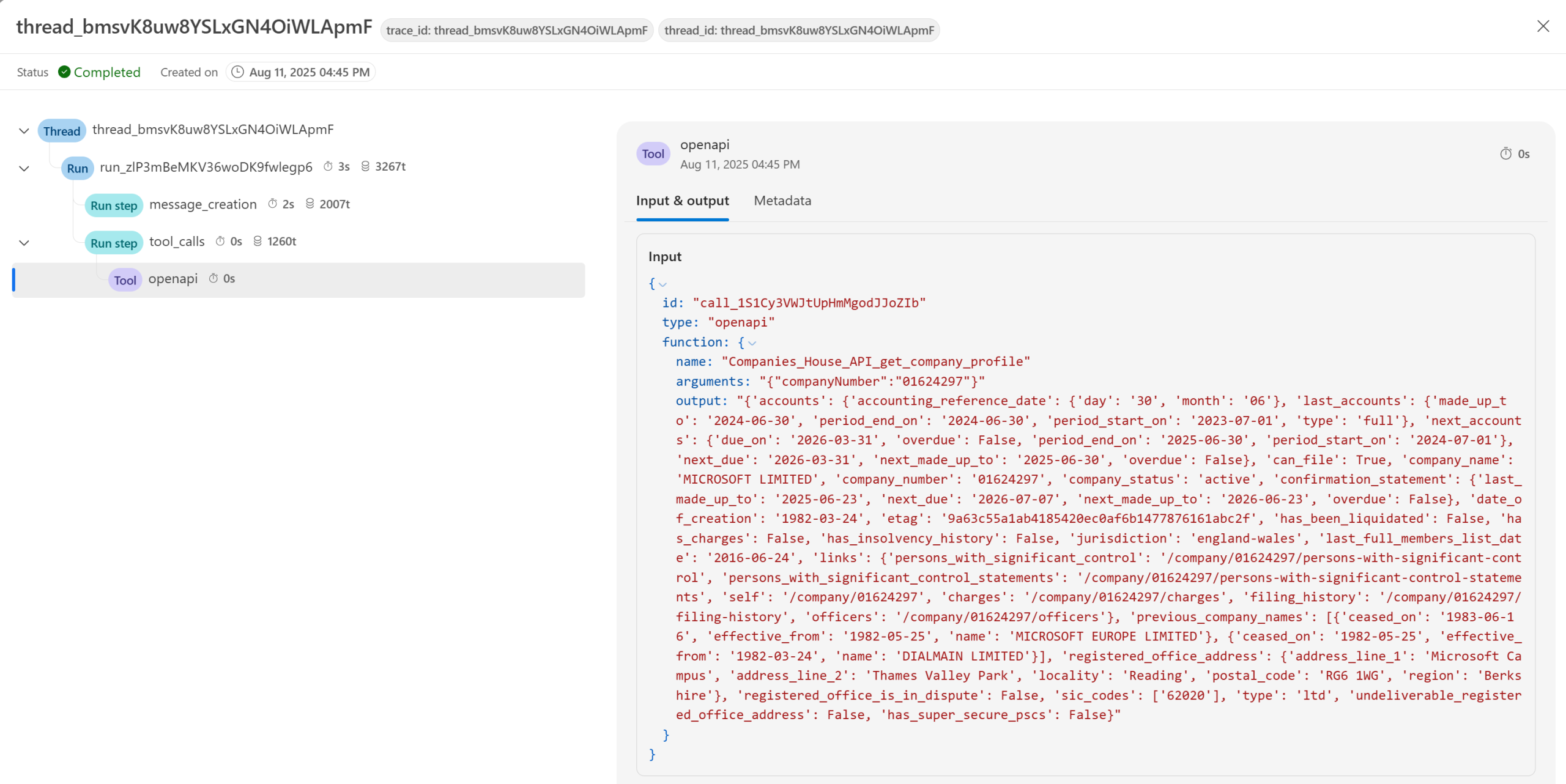 Azure AI Agent Metadata logs