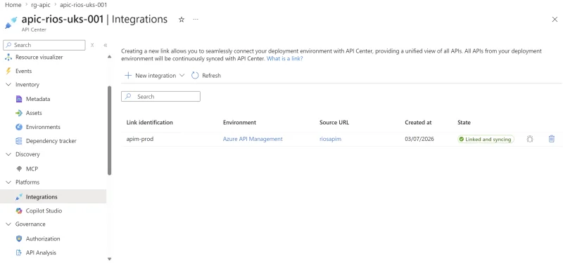 Azure API Center: Link APIM for automatic API inventory sync